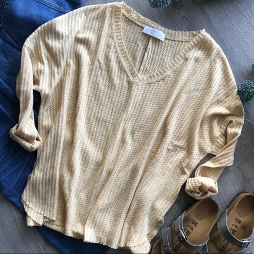 Mustard Waffle Knit Thermal Long Sleeve Top